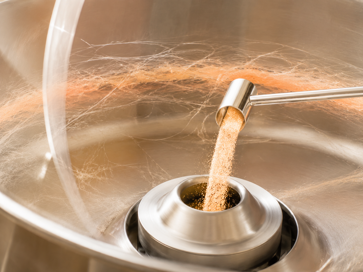 Pure cane sugar being poured into a stainless steel cotton candy machine as delicate spun sugar strands form