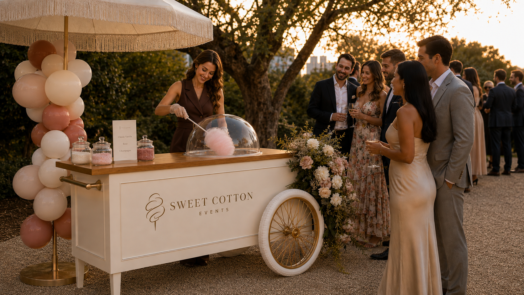Sweet Cotton Events cotton candy cart at a golden-hour private event in Austin, Texas